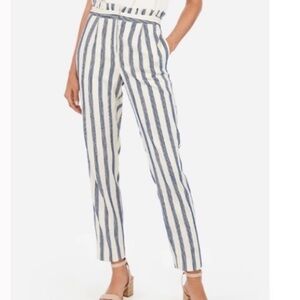 NWT Express High Rise Paperbag Ankle Pants Cream Blue Stripe Size 4